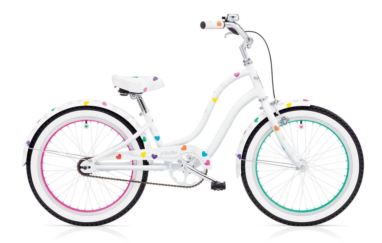 White bicycle with colorful rim stripes on a white background