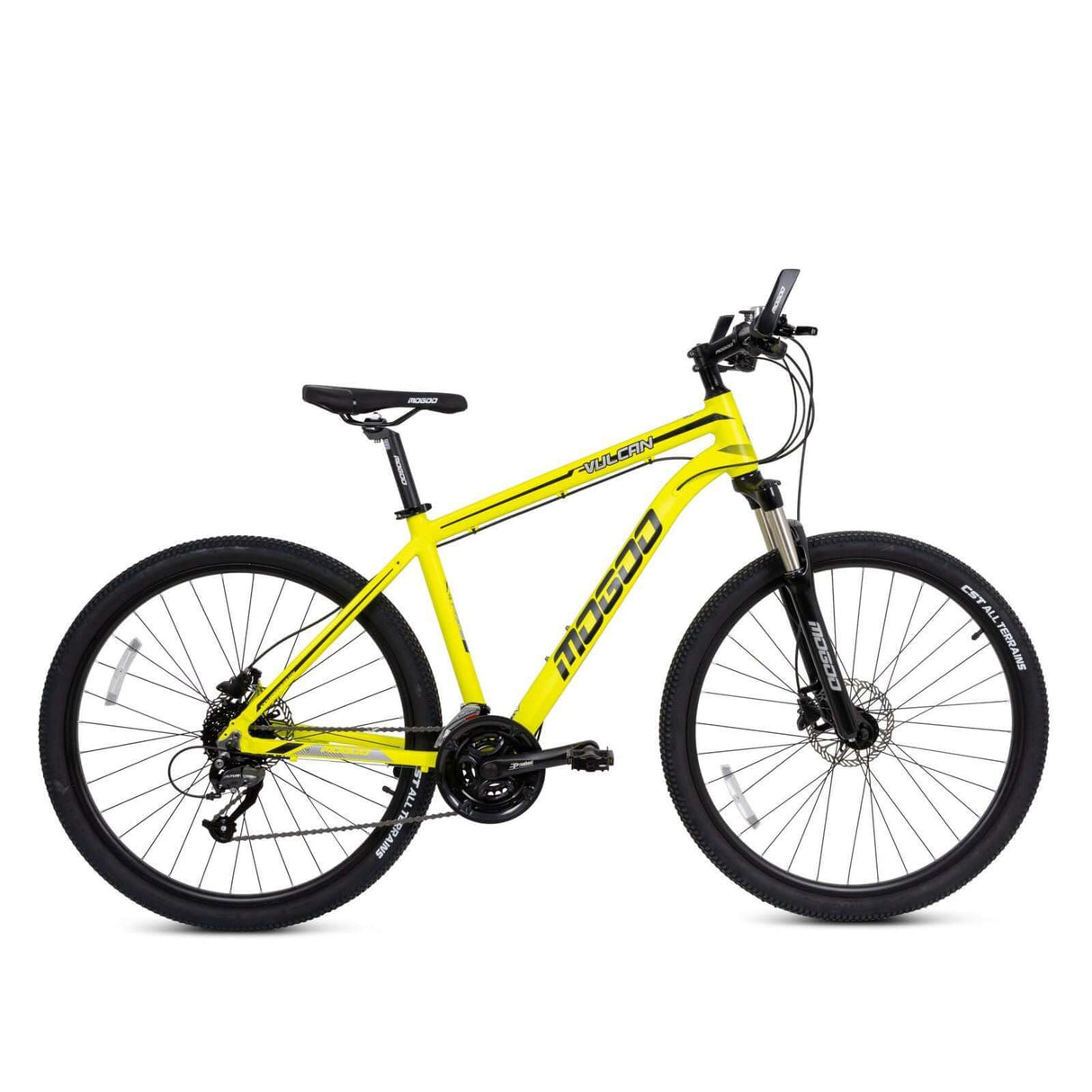 A yellow Mogoo Vulcan 27.5 inch mountain bike with Shimano 27-speed drivetrain and all-terrain CST tires.