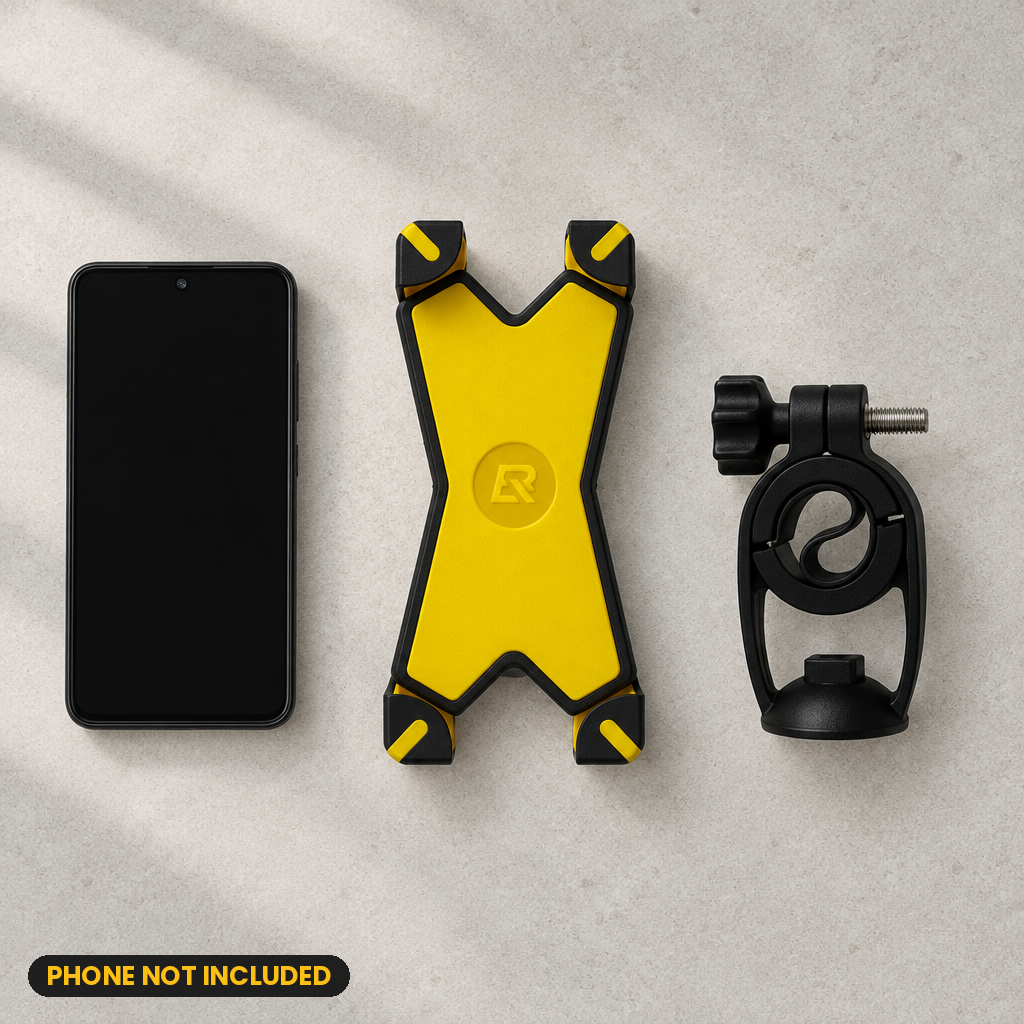 Yellow X-Grip phone holder and clamp flat lay (phone not included)