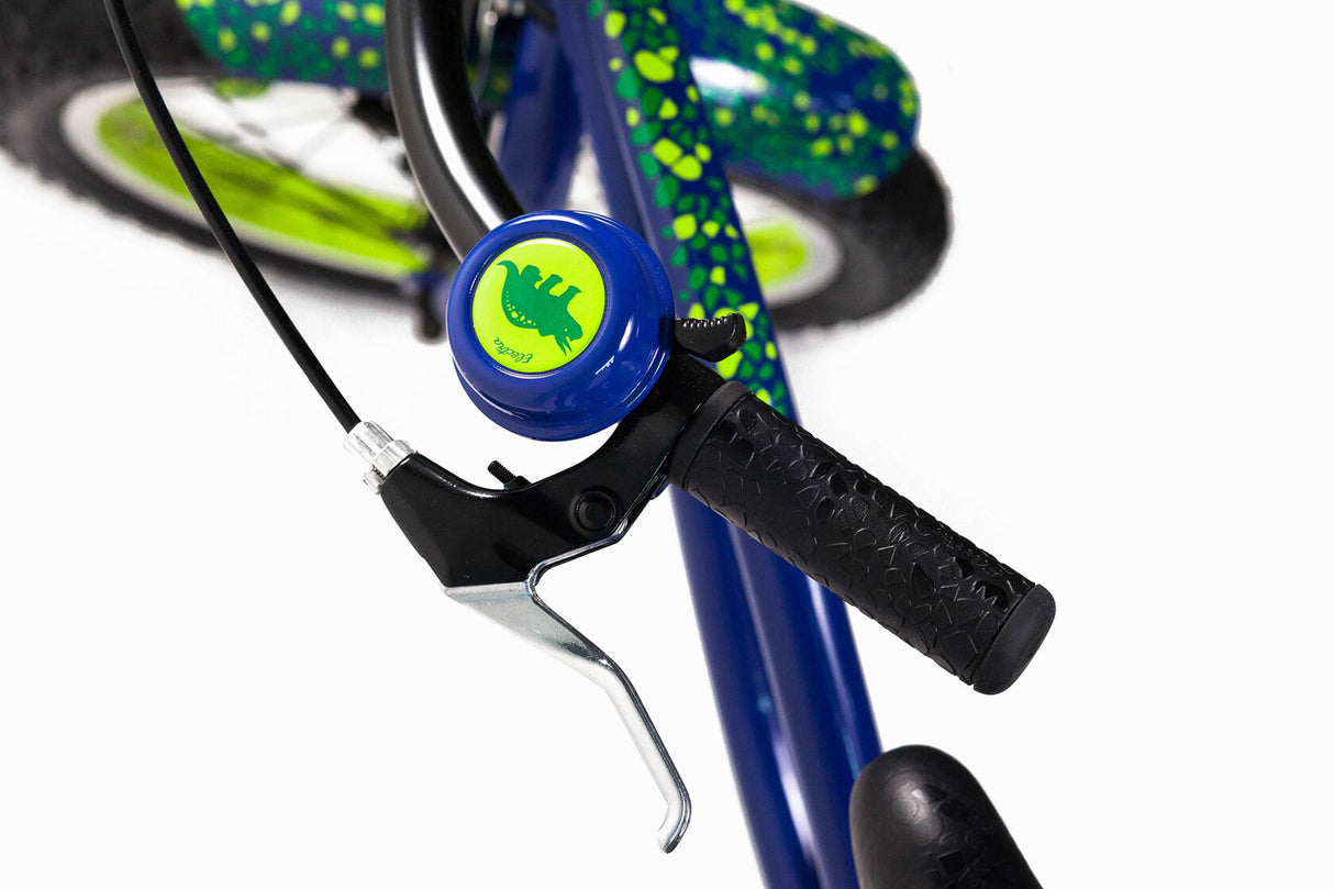 Close-up of a bicycle brake lever with a blue housing and green accents on a white background