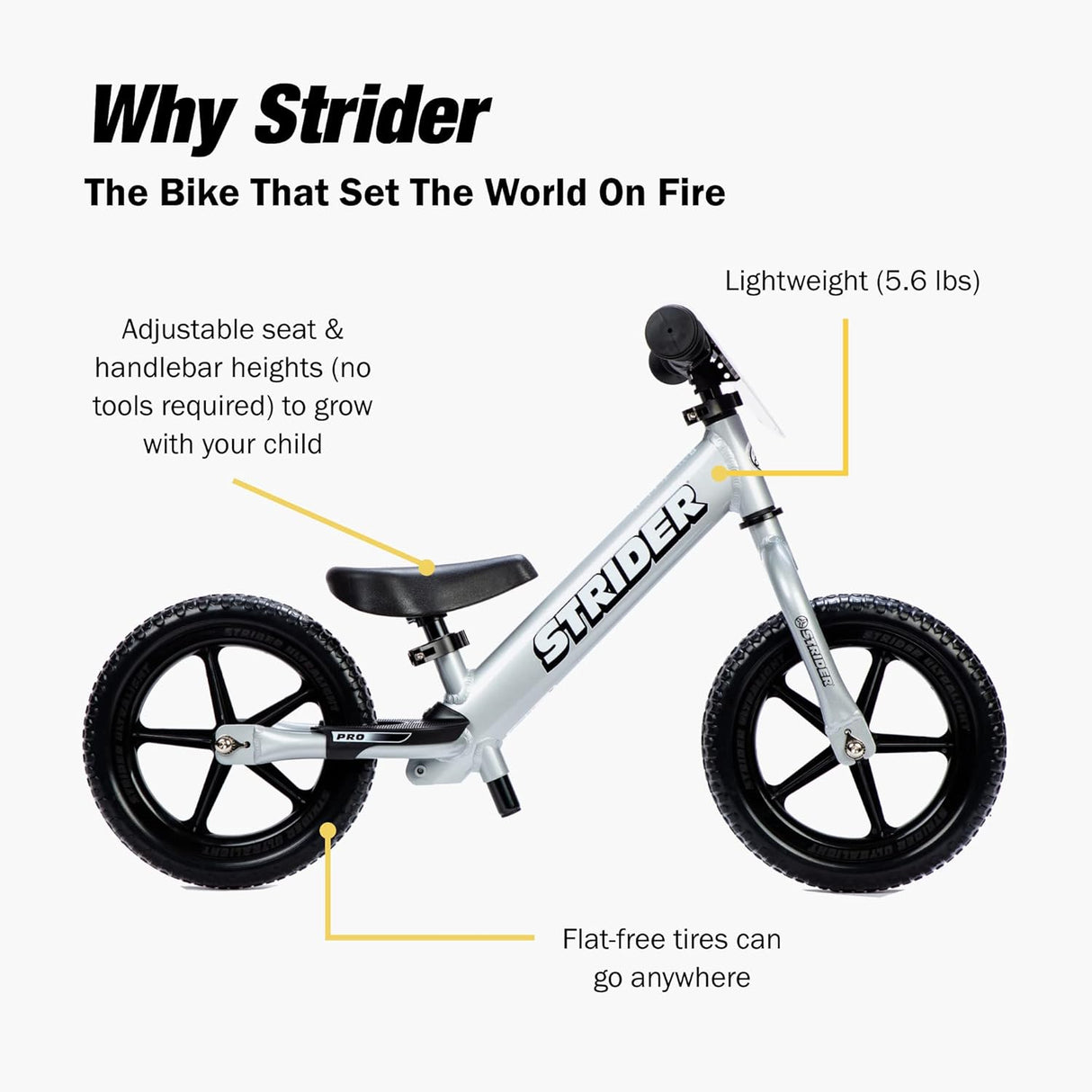 Strider balance bike with features highlighted on a white background