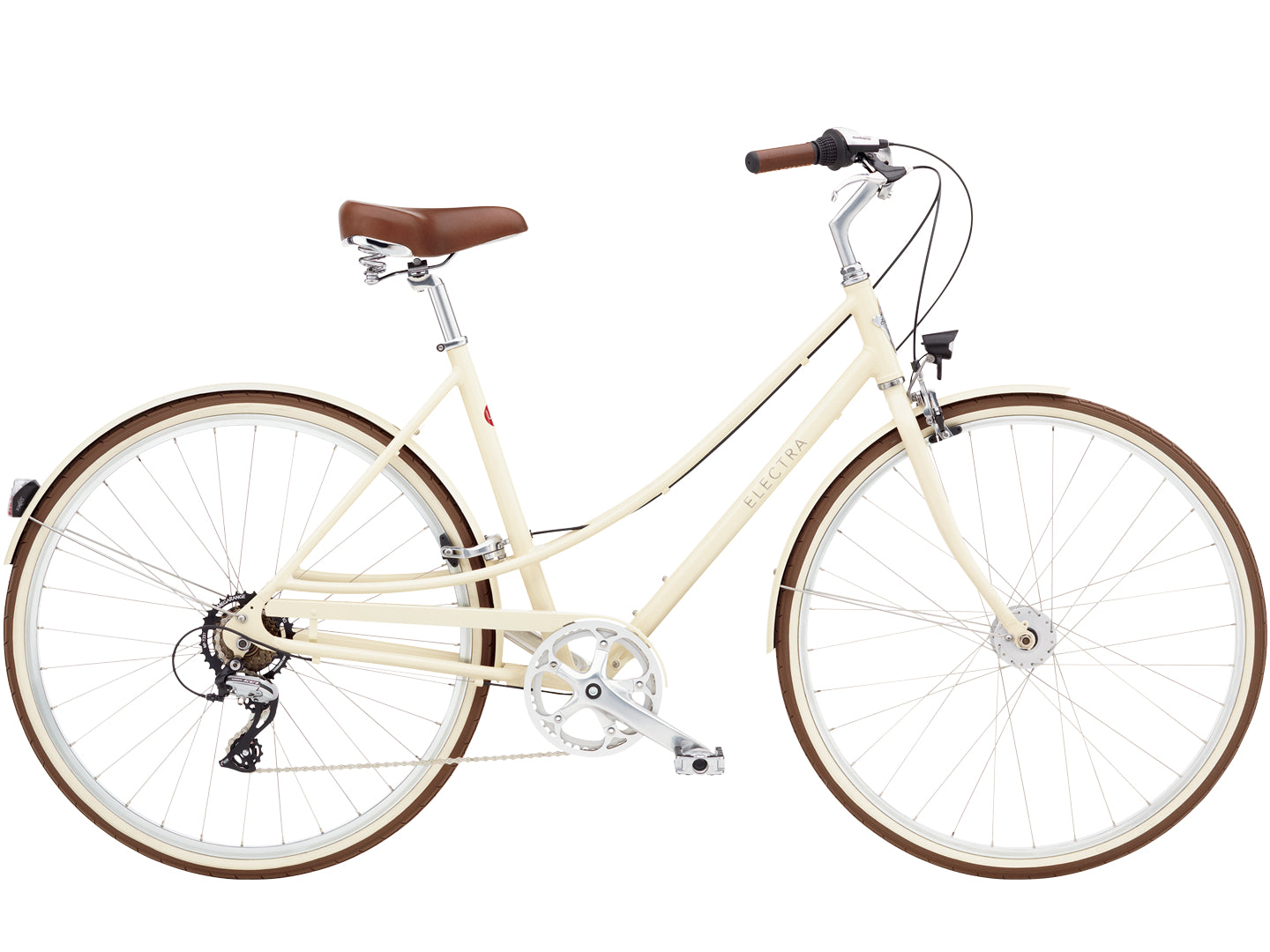 Beige bicycle with brown wheels and seat on a white background