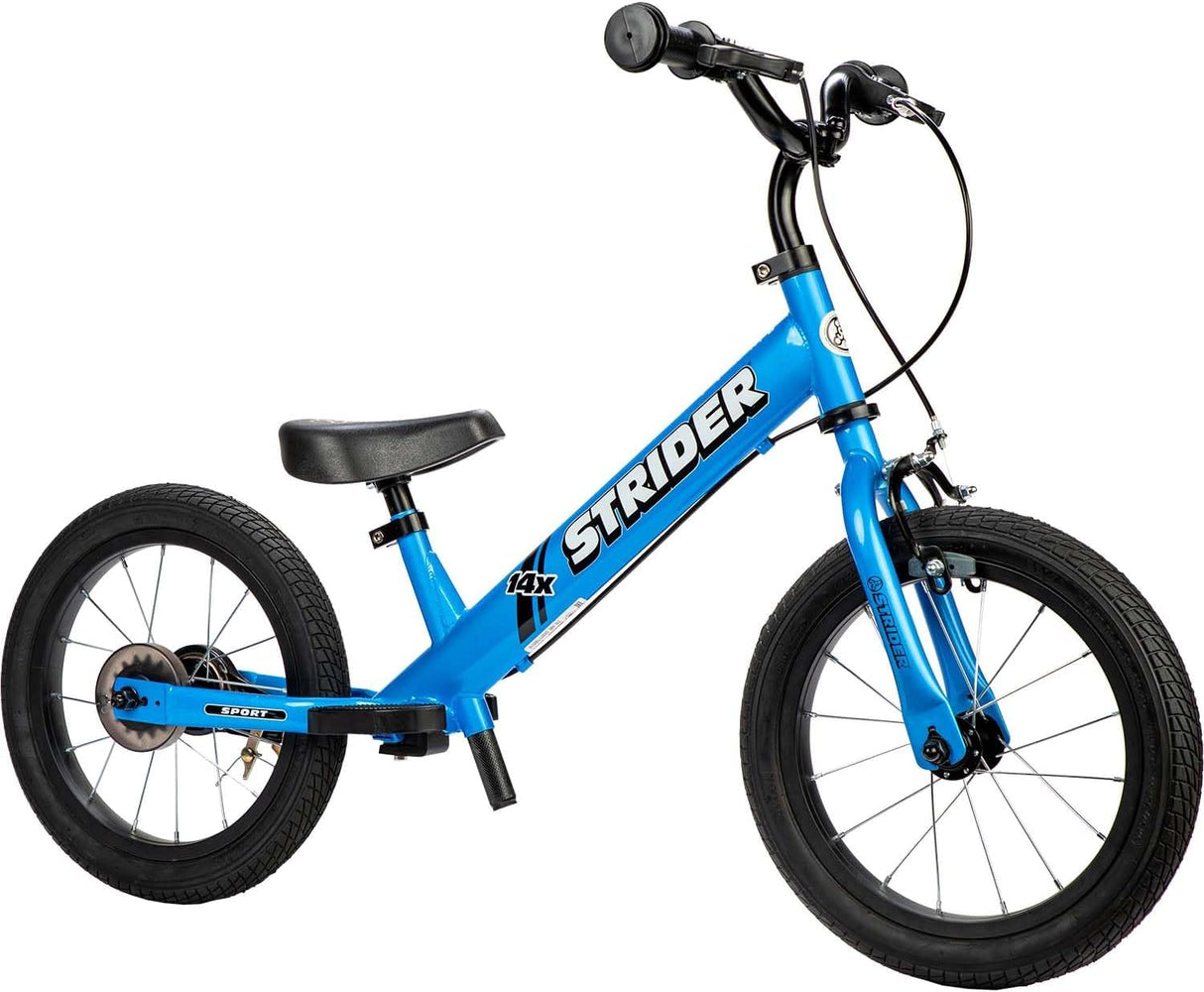 Blue Strider balance bike on a white background