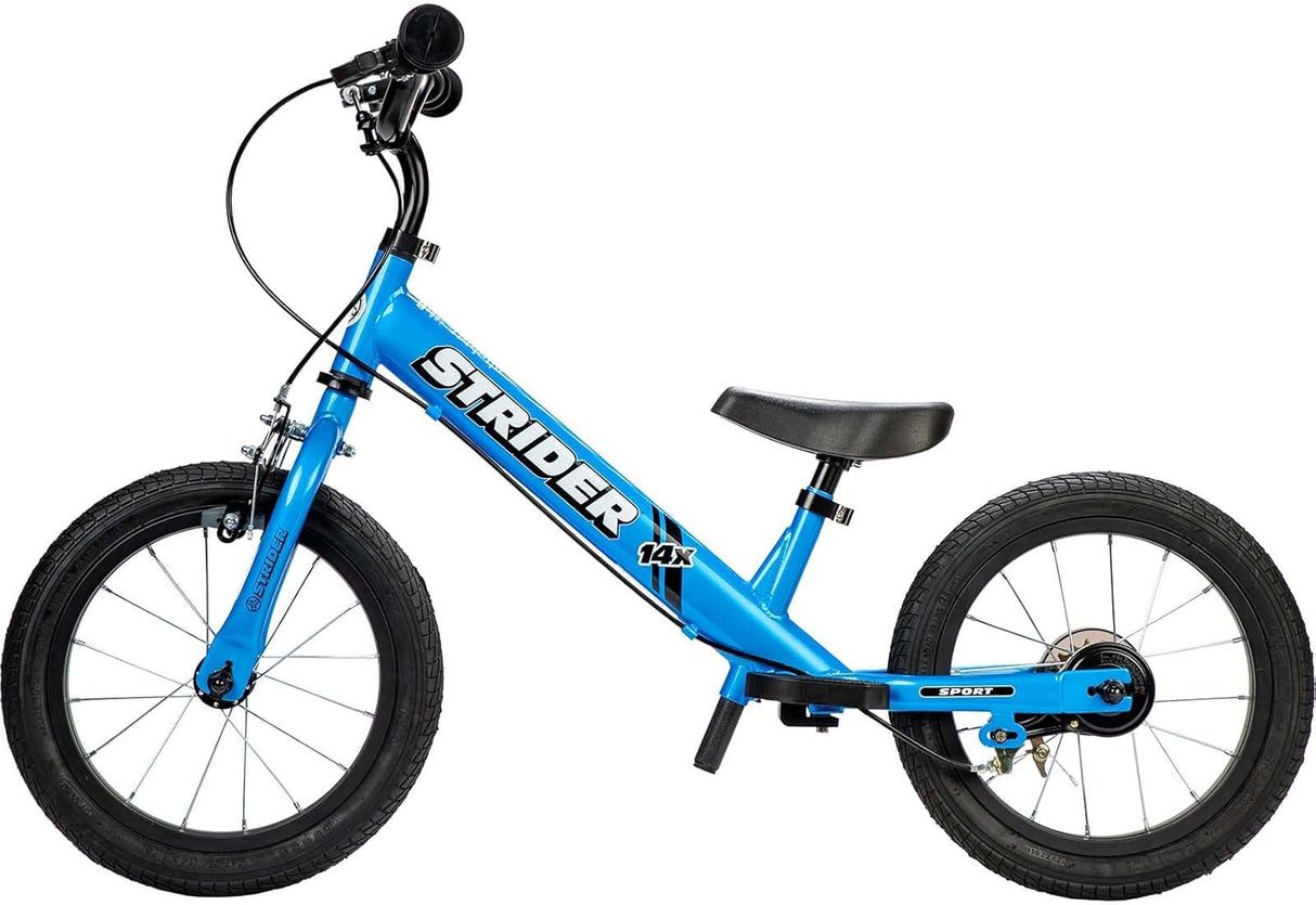 Blue Strider balance bike on a white background