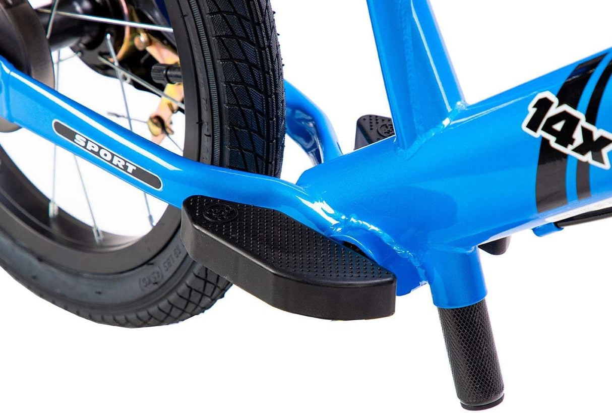 Close-up of a blue children's bike frame with '14X' branding on a white background