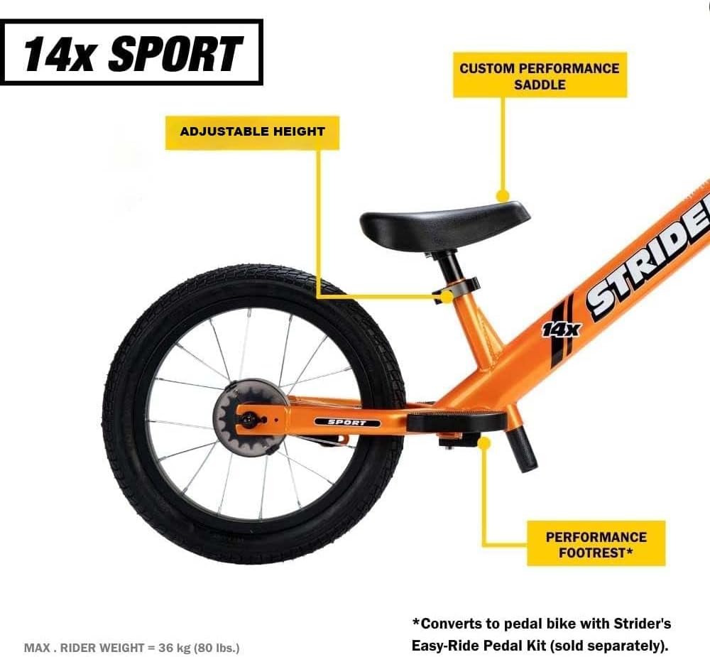 Orange Strider 14x Sport balance bike with features highlighted on a white background