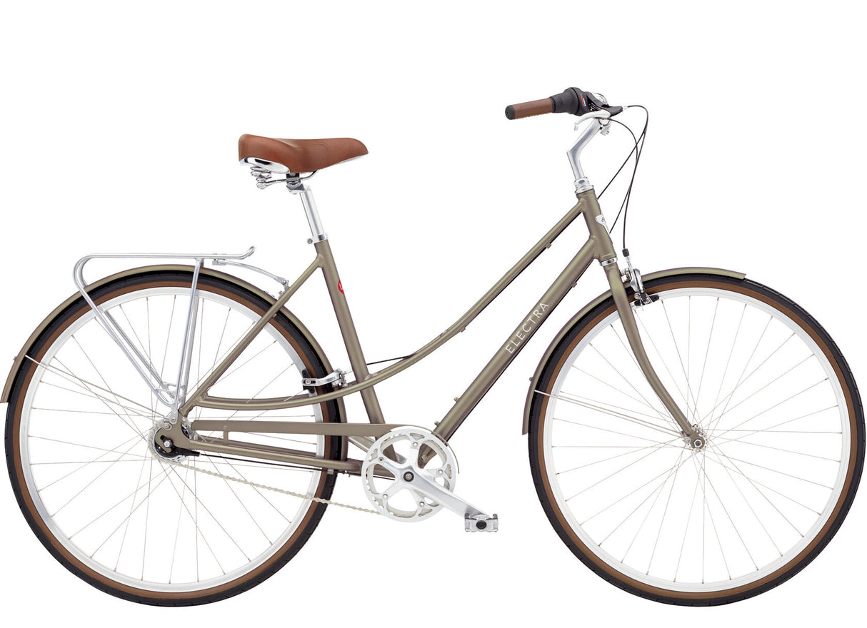 Beige bicycle with brown seat and tires on a white background