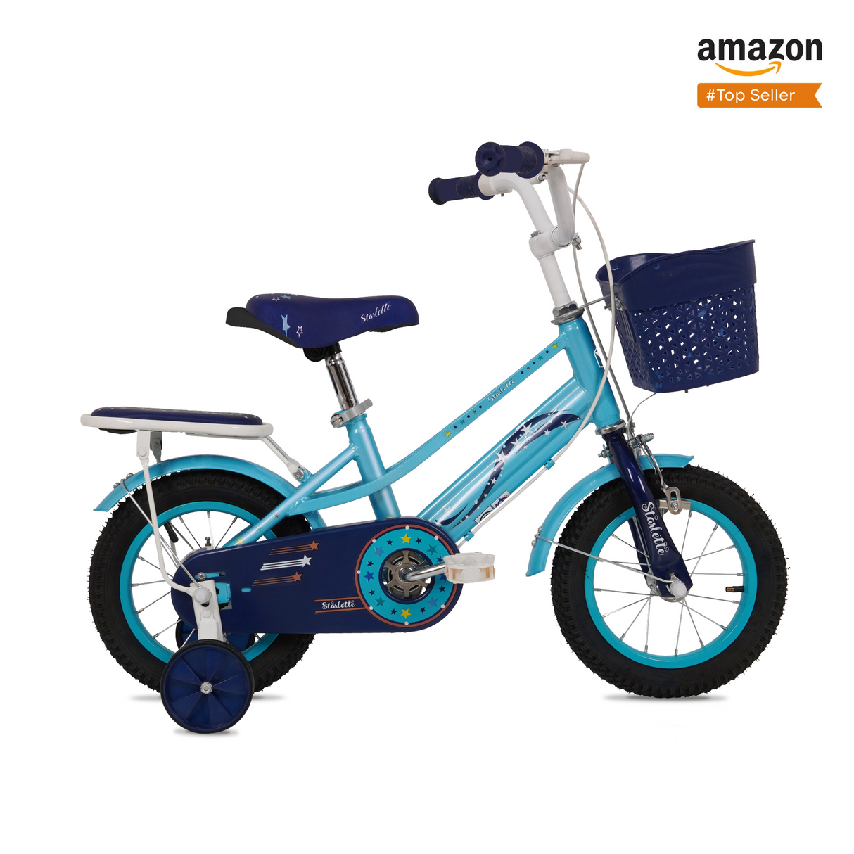 Children's bicycle with training wheels and a basket on a white background, featuring Amazon branding.
