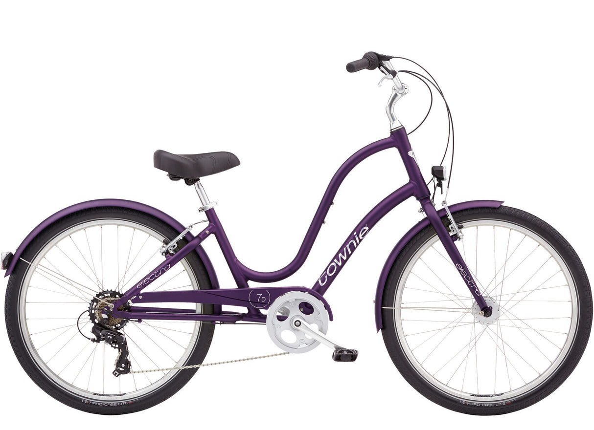 Purple bicycle with 'townie' branding on a white background