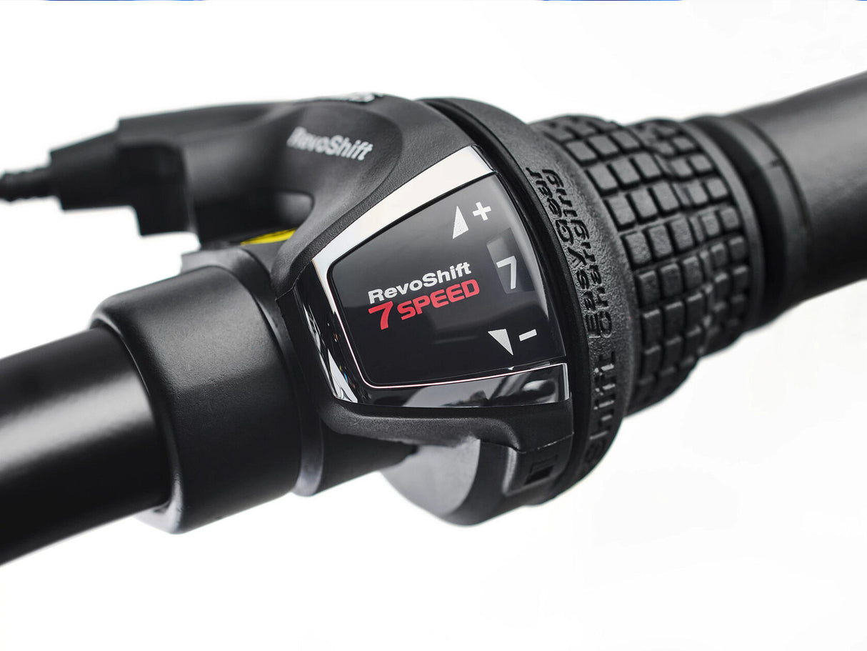 Close-up of a bicycle gear shifter with 'RevoShift' branding on a white background