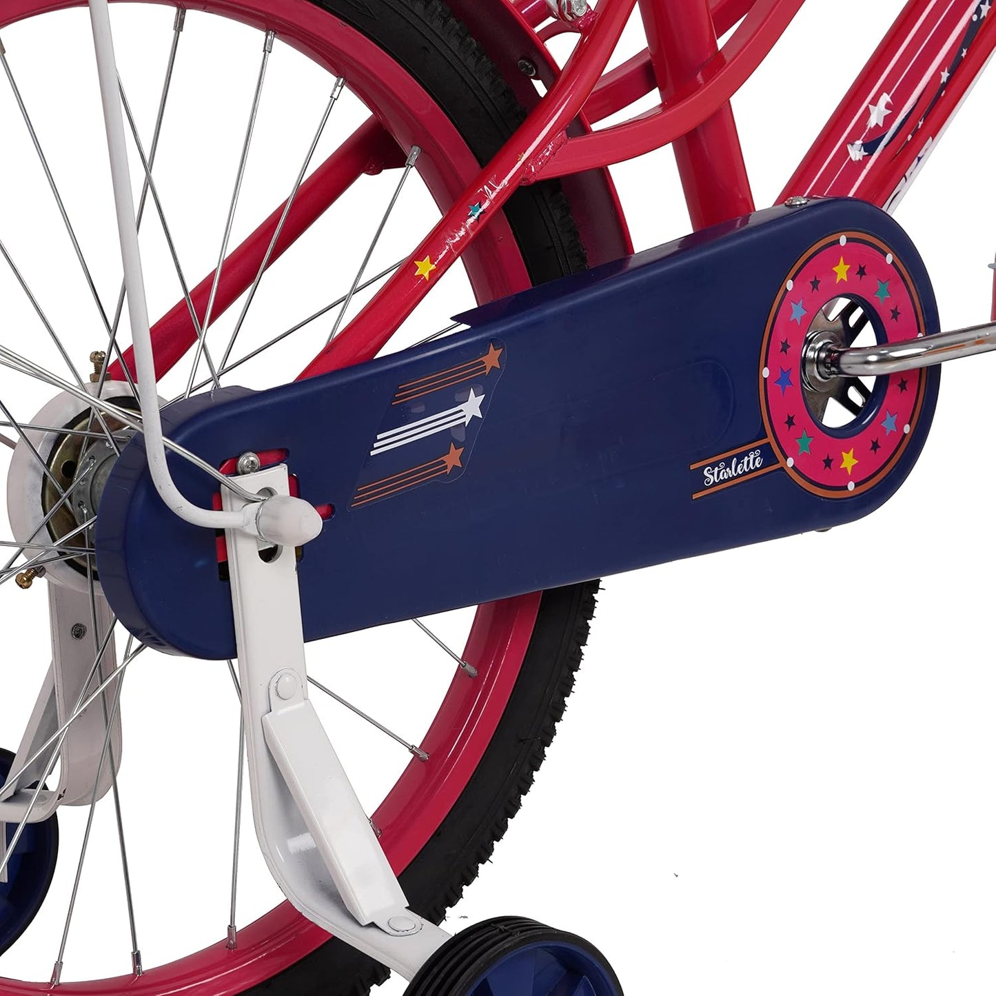 Close-up of a bicycle chain guard with decorative elements on a white background