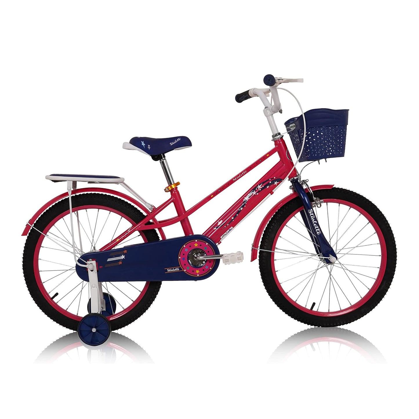Children's bicycle with pink frame and blue accents on a white background