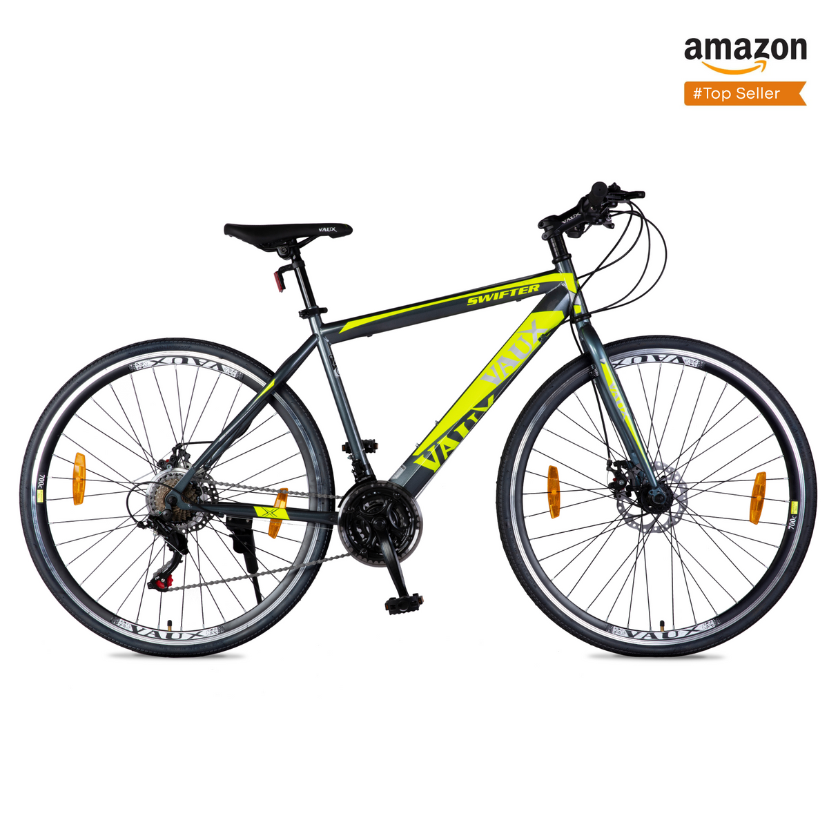hybrid bike with yellow accents on a white background, featuring Amazon branding.