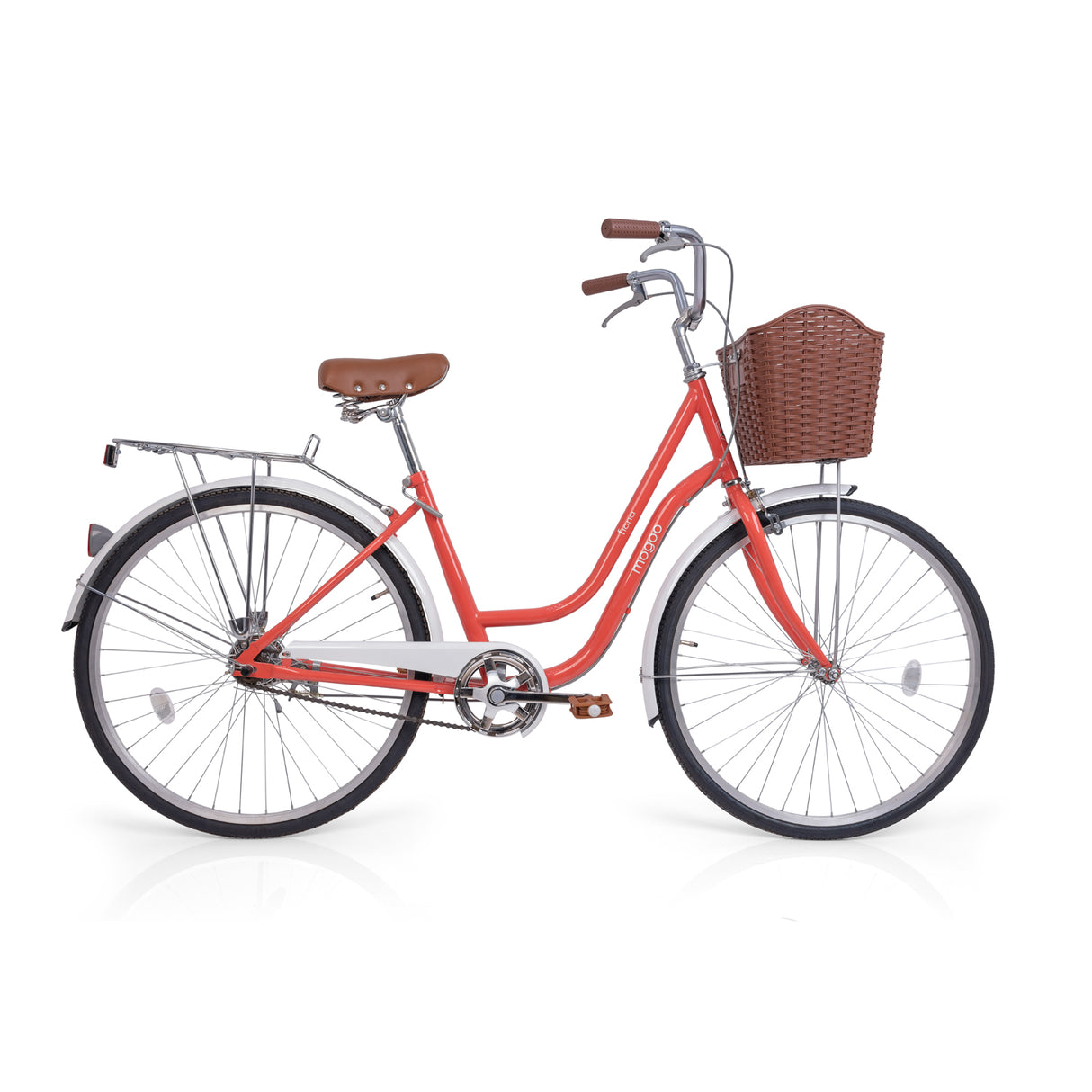 Red bicycle with a brown basket on a white background