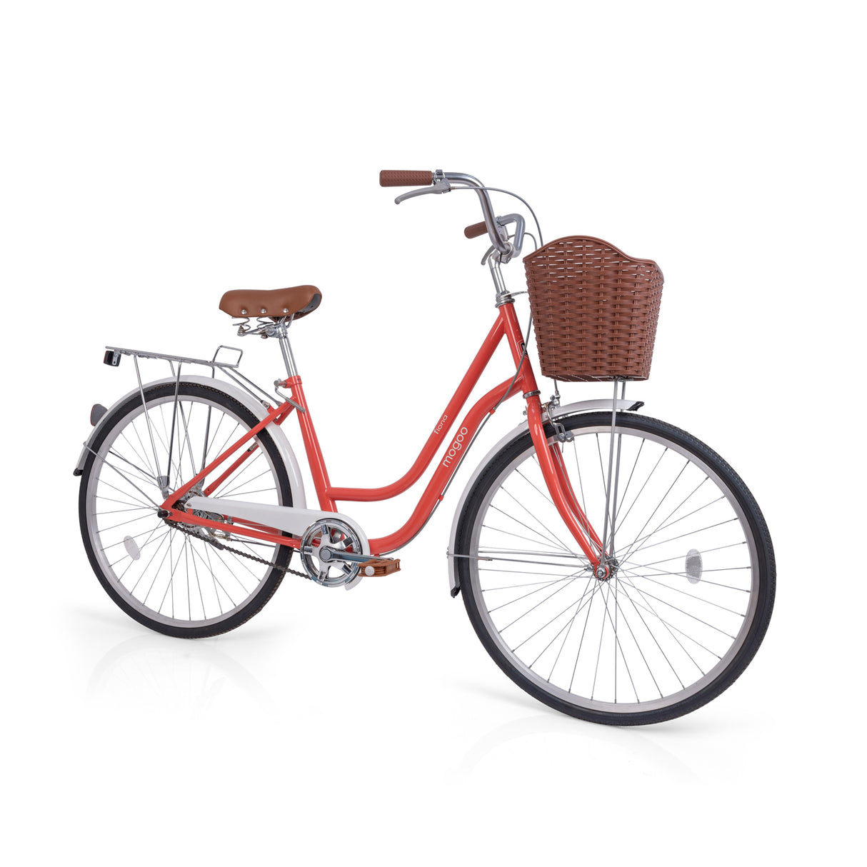 Red bicycle with a brown basket on a white background