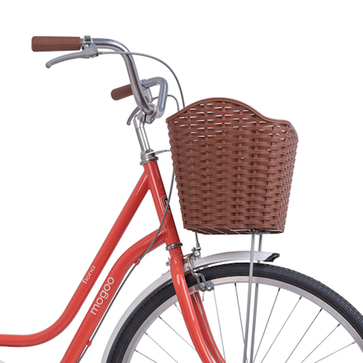 Red bicycle with a brown wicker basket on a white background