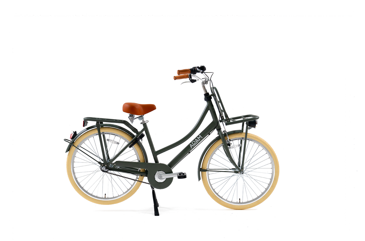 Olive bicycle with brown seat on a white background