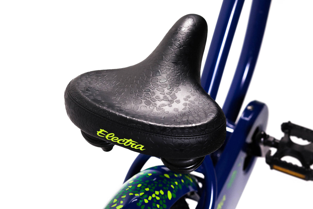 Close-up of a bicycle seat with 'Electra' branding on a white background