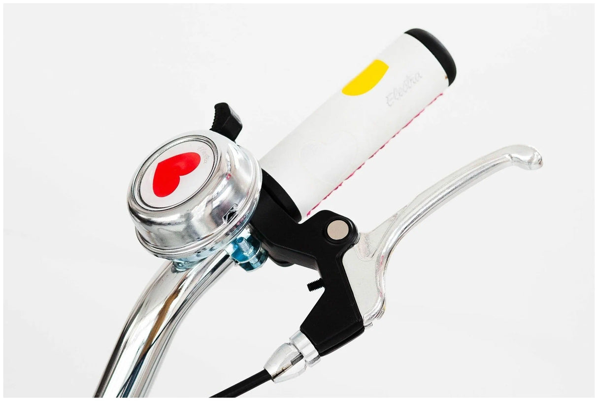 Close-up of a bicycle handlebar with bell and brake lever on a white background