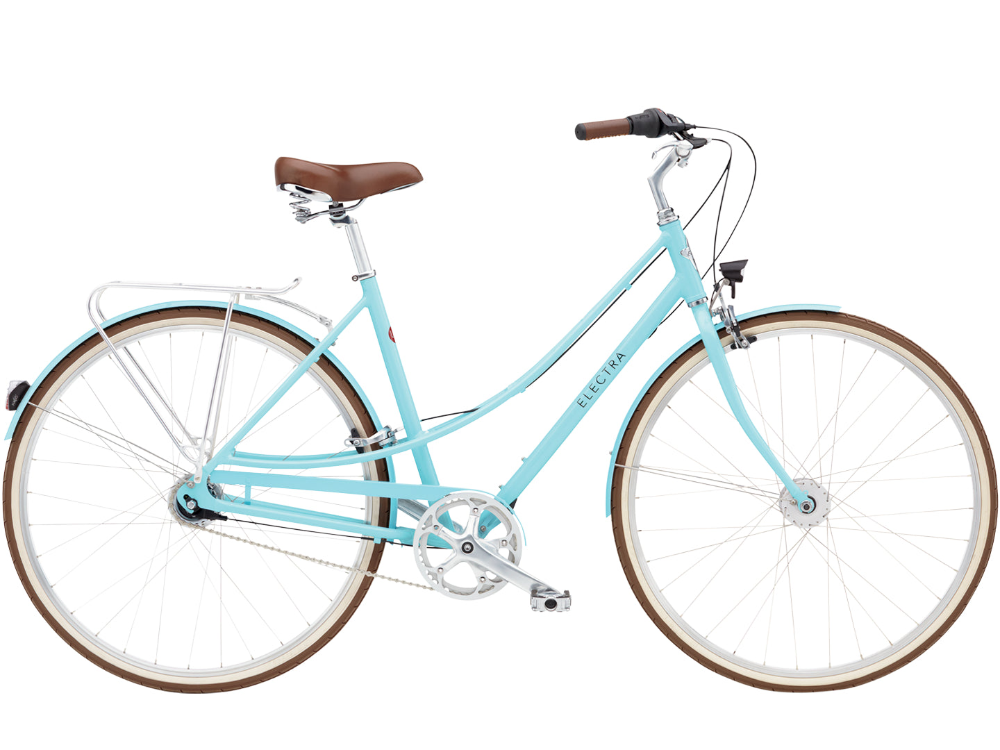 Light blue bicycle with brown seat and tires on a white background