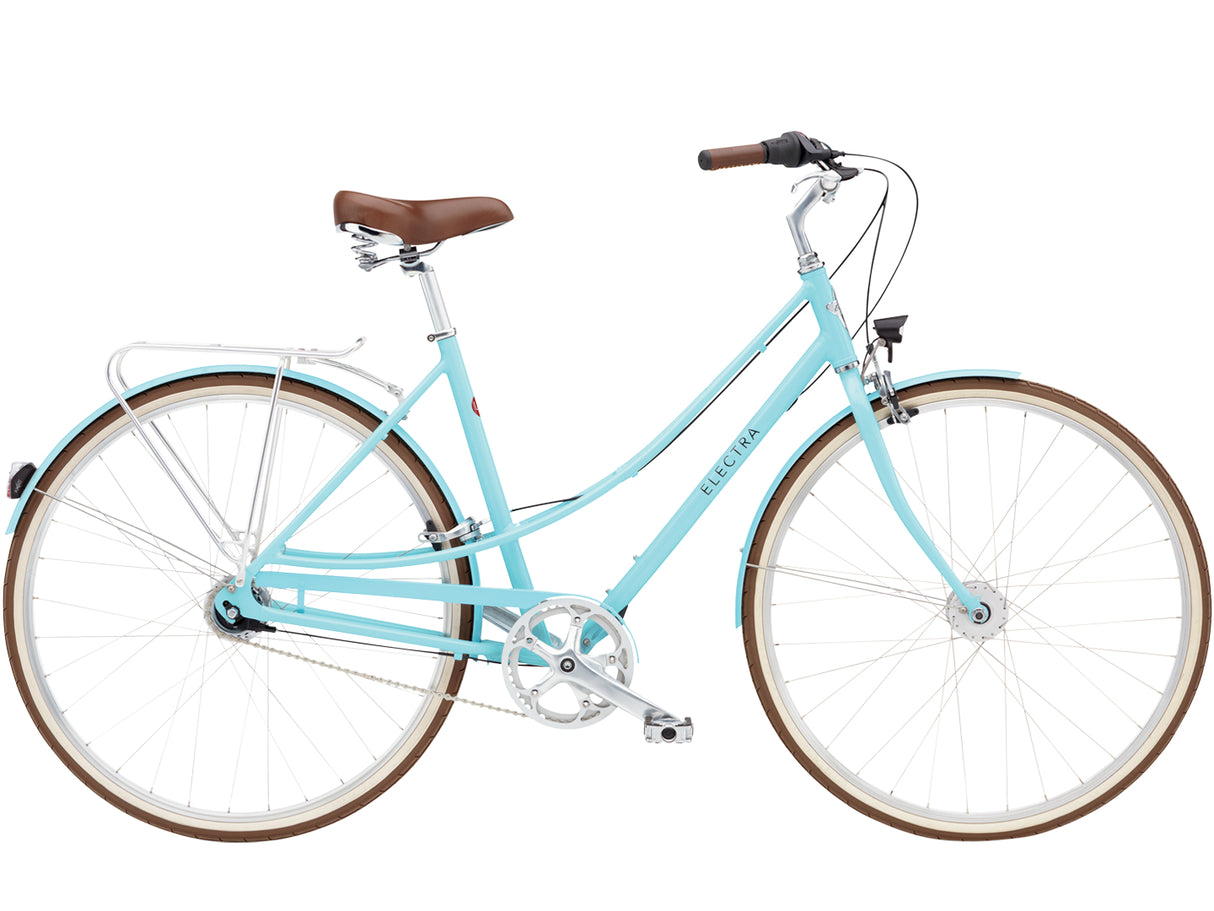 Light blue bicycle with brown seat and tires on a white background