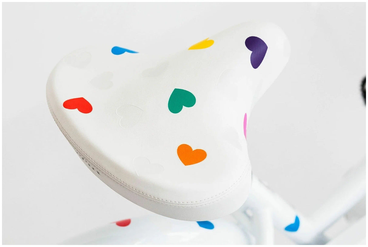 White product with colorful heart patterns on a white background