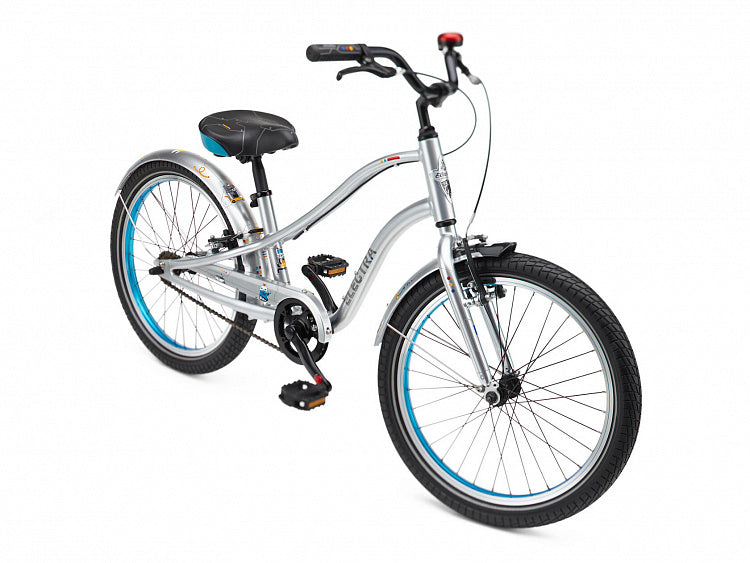 Silver children's bicycle with black seat and blue rim on a white background