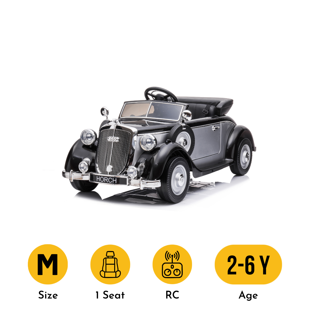 Vintage-style Horch toy car with features and age range displayed on a white background