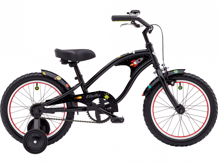 Black children's bicycle with red rims on a white background