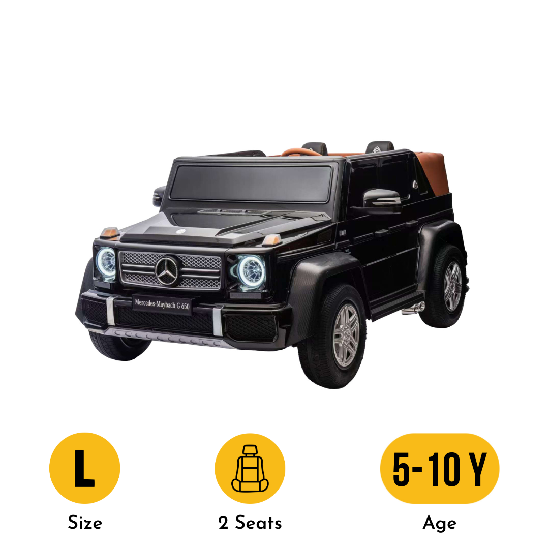 Black toy Mercedes-Benz G-Class with features labeled on a white background