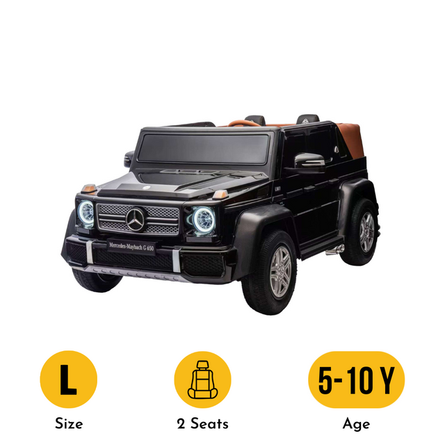 Black toy Mercedes-Benz G-Class with features labeled on a white background