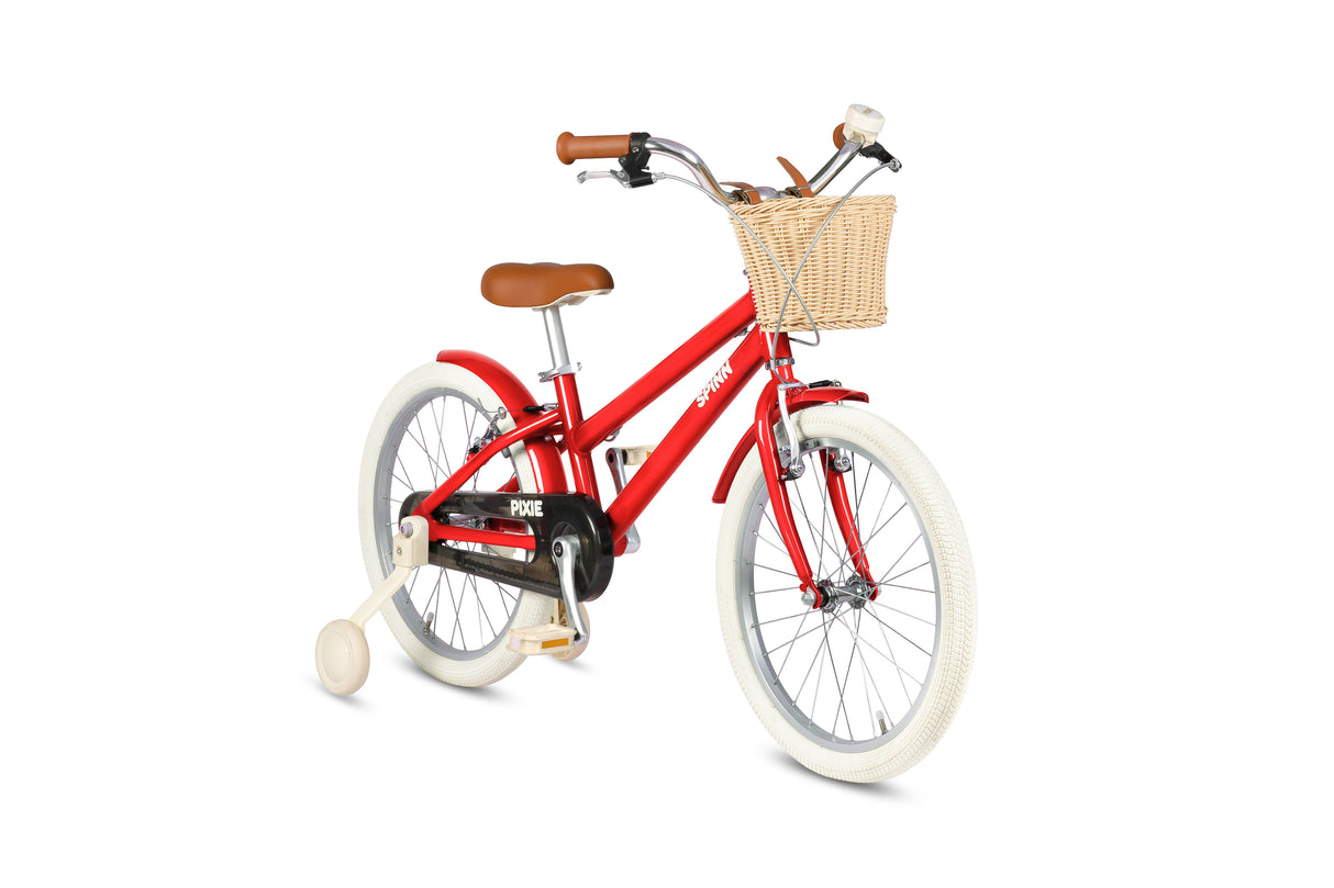 Red children's bicycle with a basket on a white background