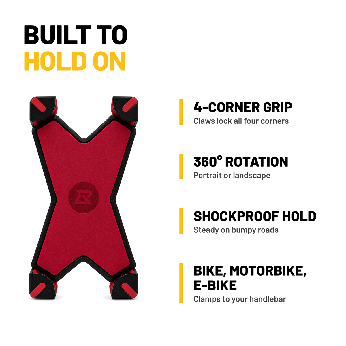 X-Grip phone holder features: 4-corner grip, 360 degree rotation, shockproof hold