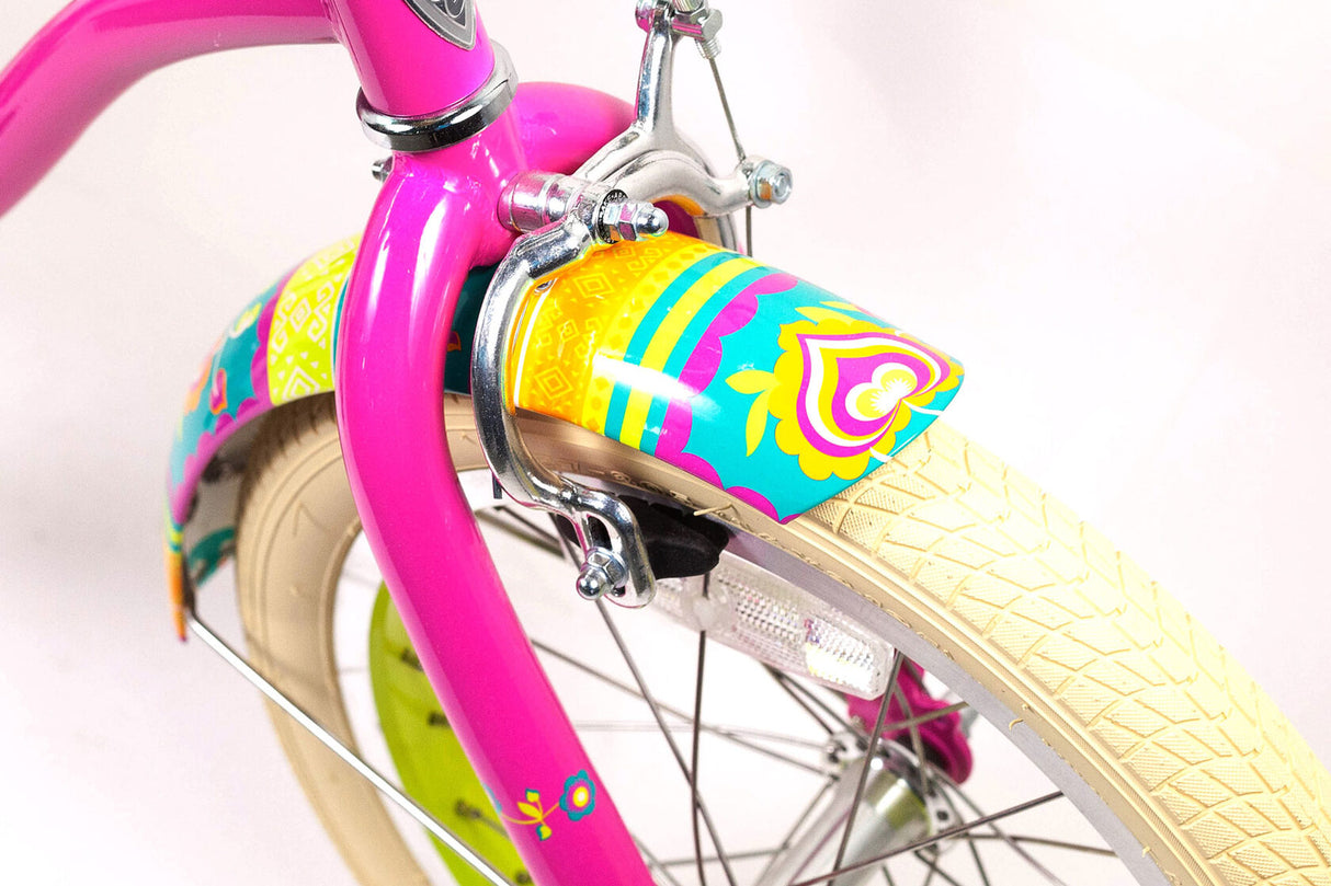 Close-up of a colorful bicycle handlebar with pink frame and yellow rim.