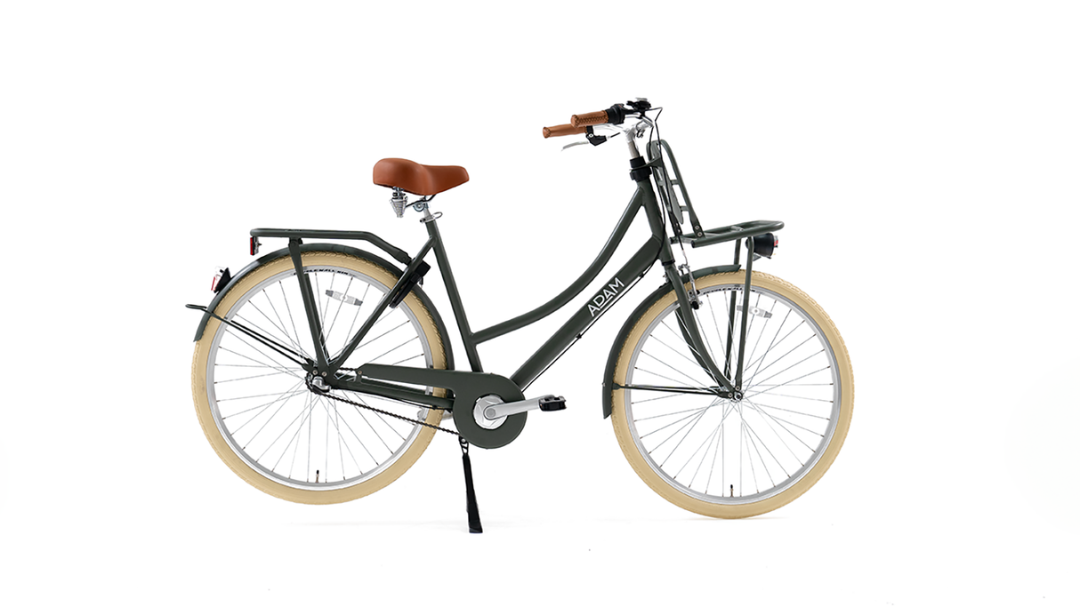 Olive green bicycle with brown seat on a white background