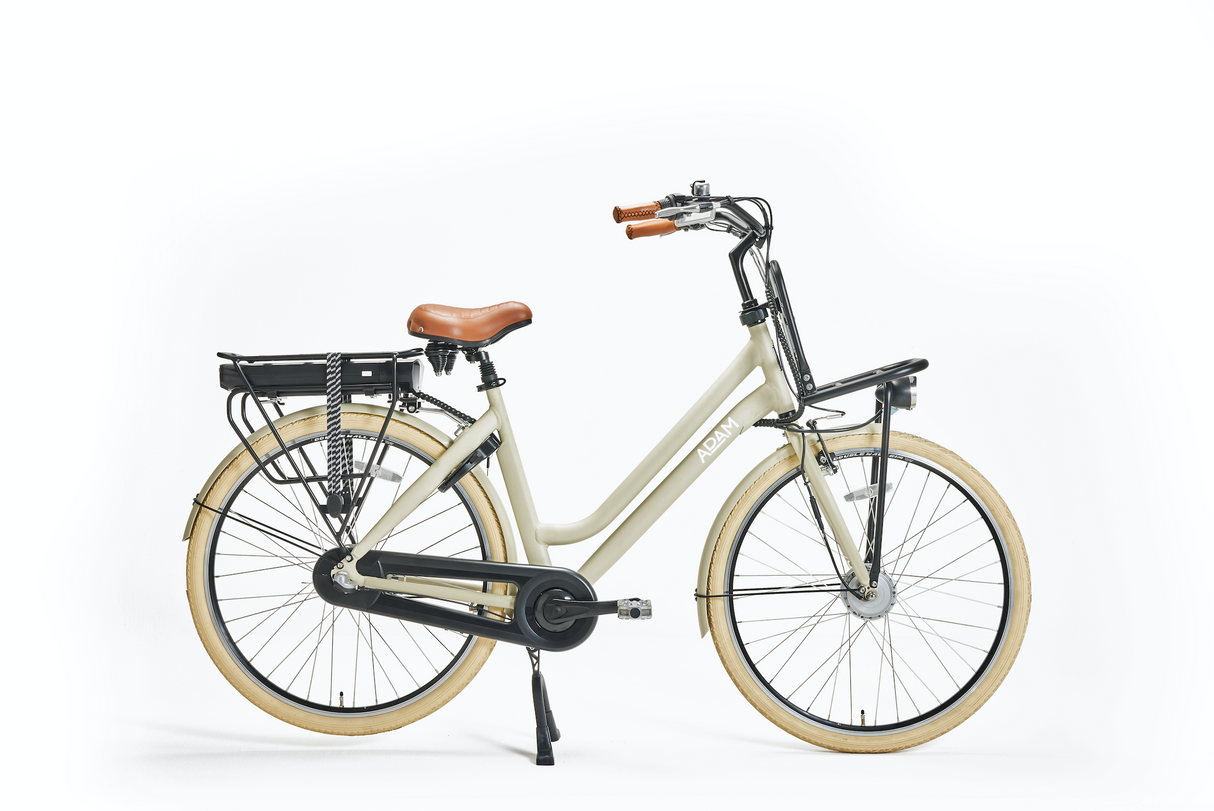 Beige electric bicycle with a brown seat on a white background