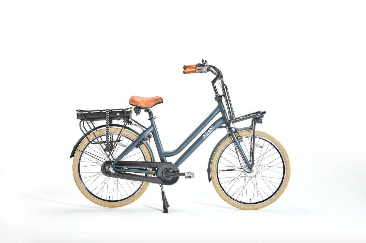 Navy electric bicycle with a brown seat on a white background