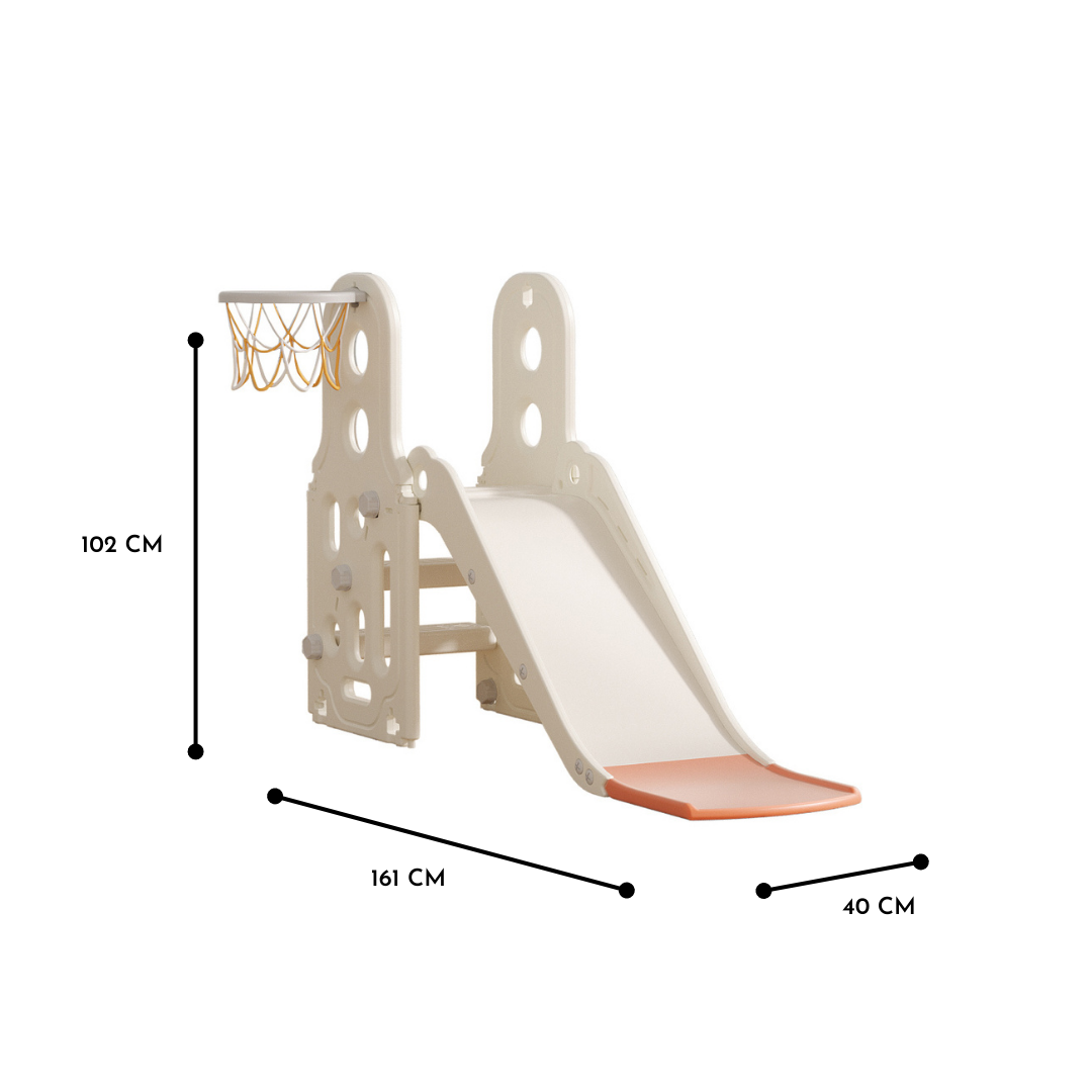 Children's slide with basketball hoop and measurements on a white background