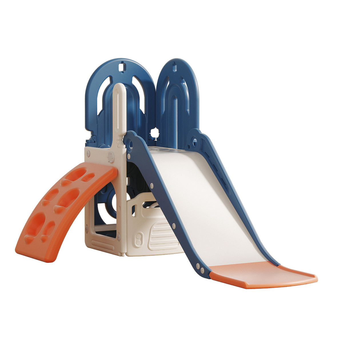 Children's slide with blue and orange accents on a white background