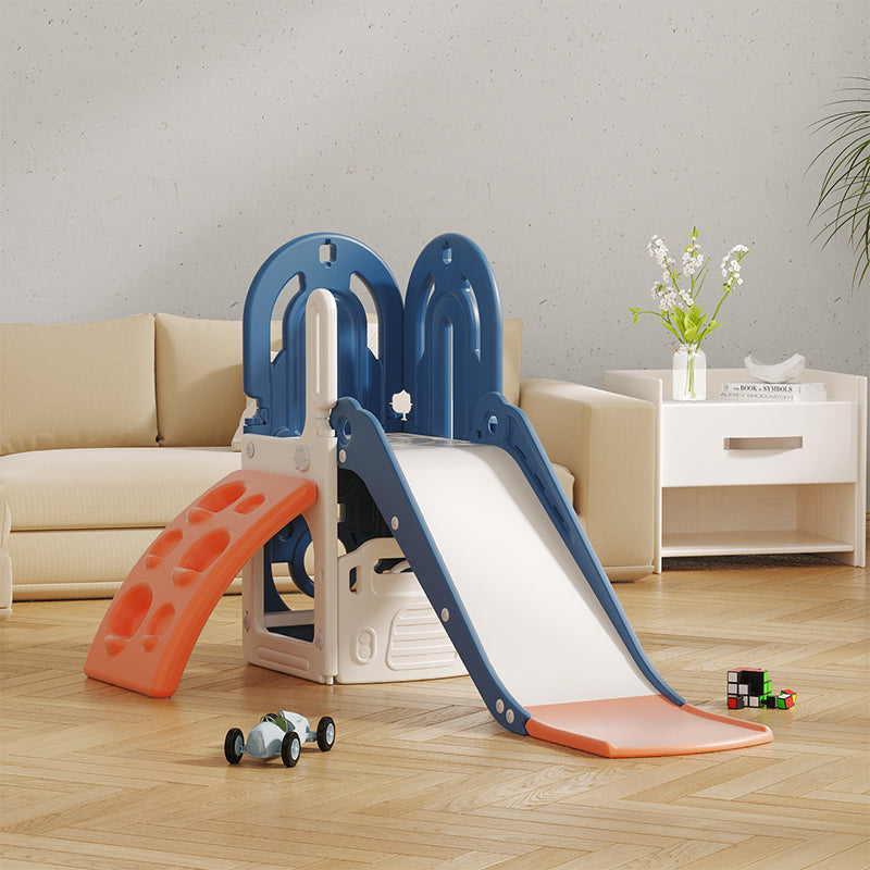 Children's slide with blue and orange accents in a living room setting.