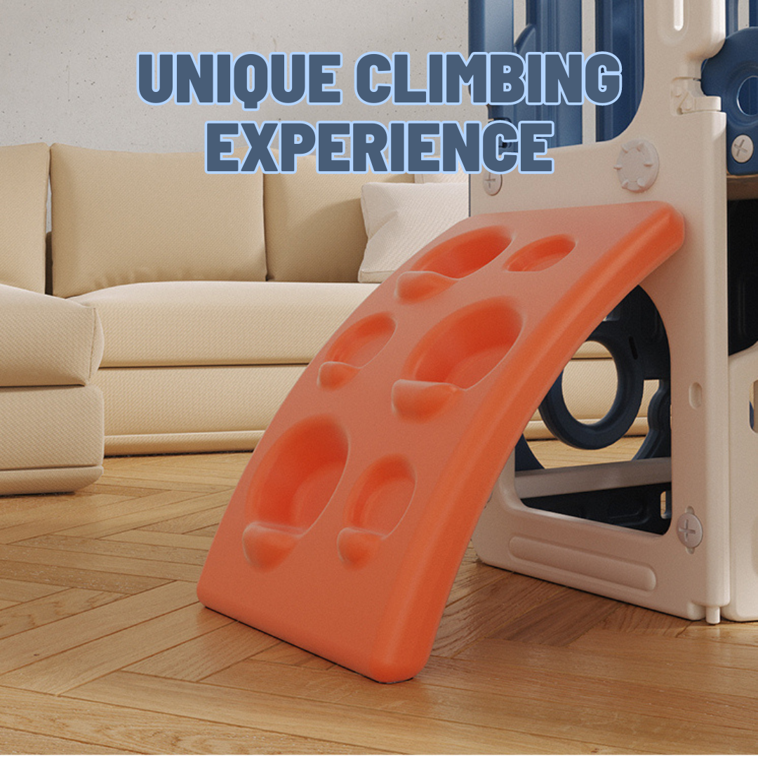 Orange climbing toy with text 'UNIQUE CLIMBING EXPERIENCE' in a living room setting.