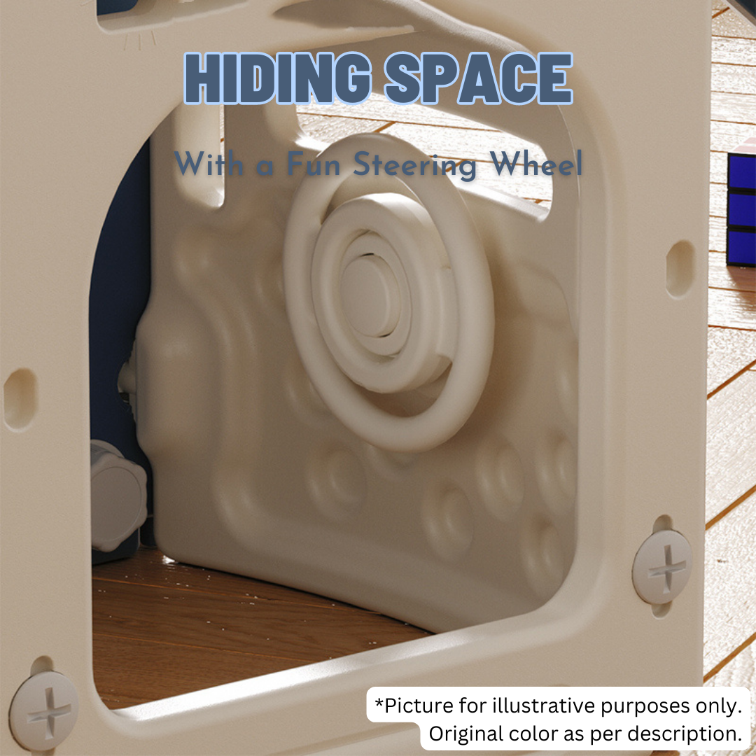 Toy with a steering wheel and text 'Hiding Space With a Fun Steering Wheel' on a wooden floor.