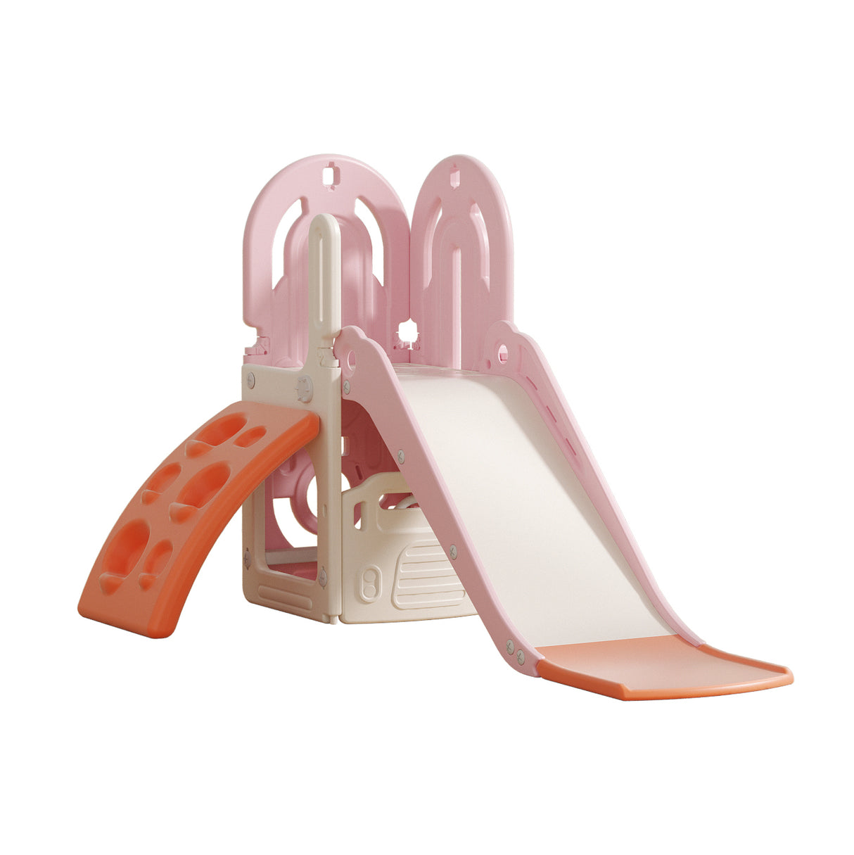 Children's slide with pink and orange colors on a white background