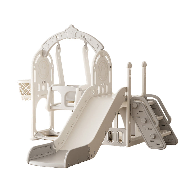 Children's playground structure with slide and climbing area on a white background