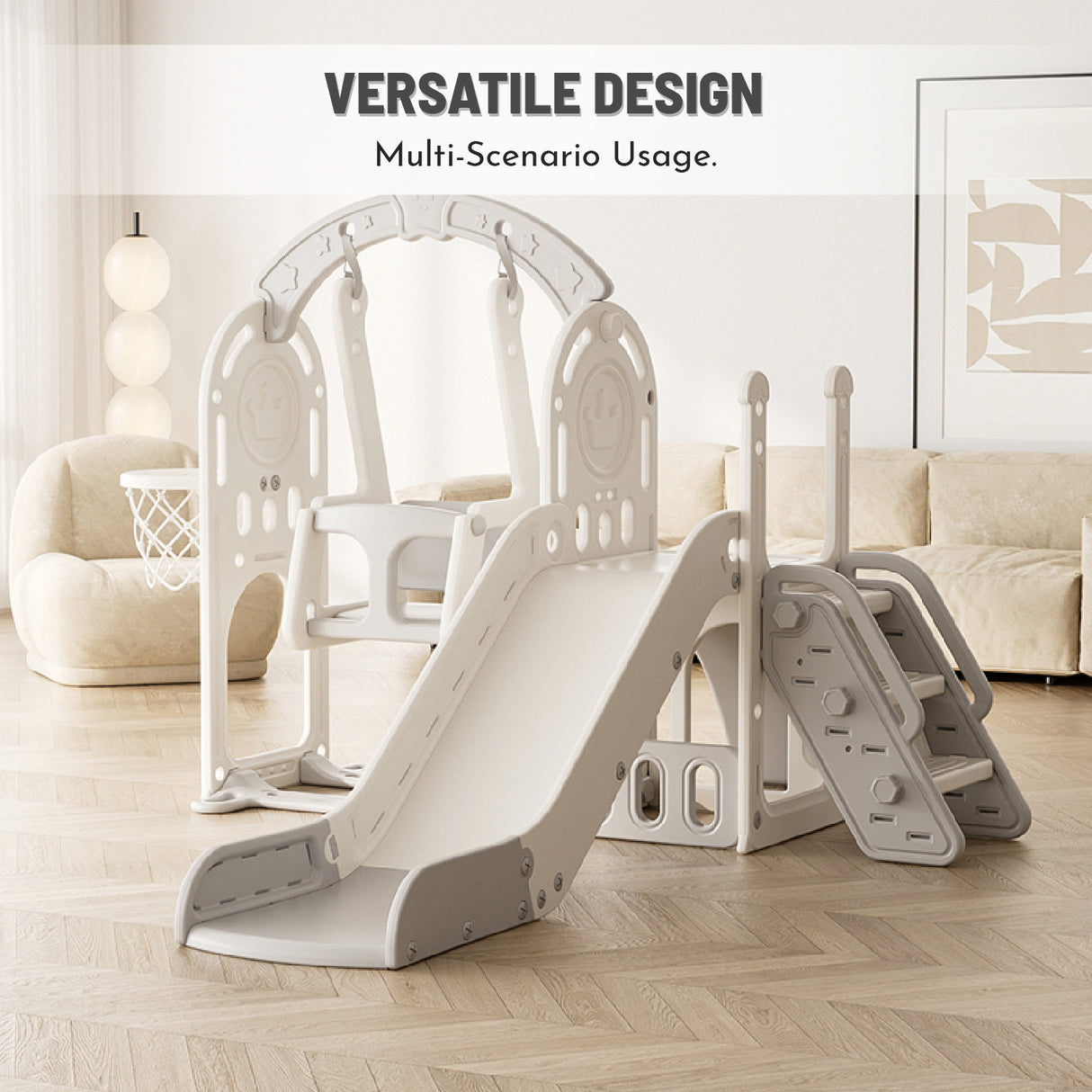 Children's play structure with slide and swing set in a living room setting, labeled 'Versatile Design' and 'Multi-Scenario Usage'.