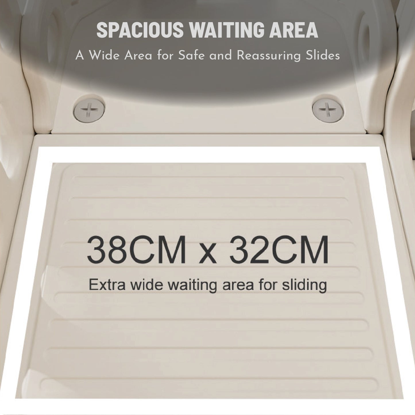 Label indicating a spacious waiting area for safe and reassuring slides, measuring 38CM x 32CM.