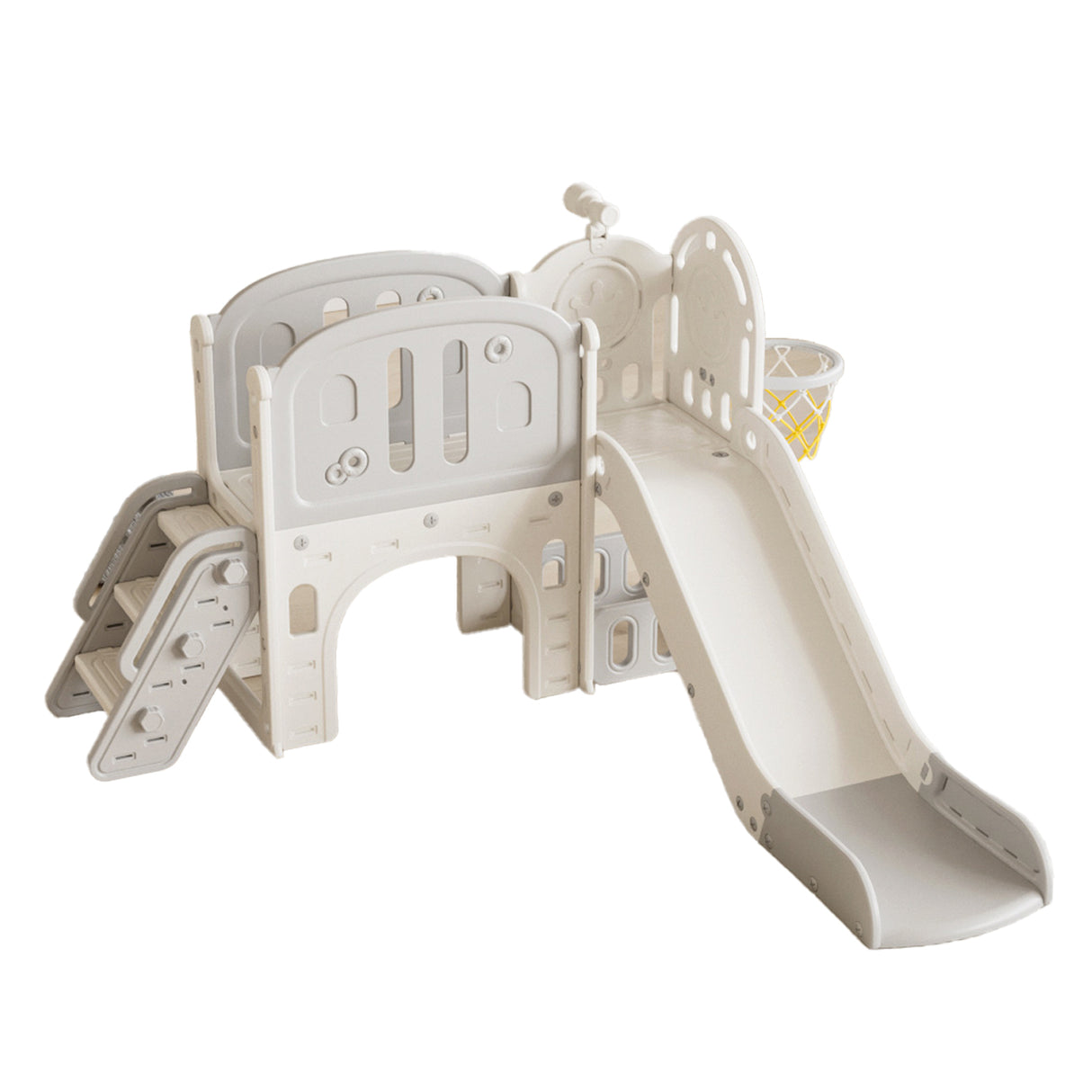 Children's playground structure with slide and climbing area on a white background