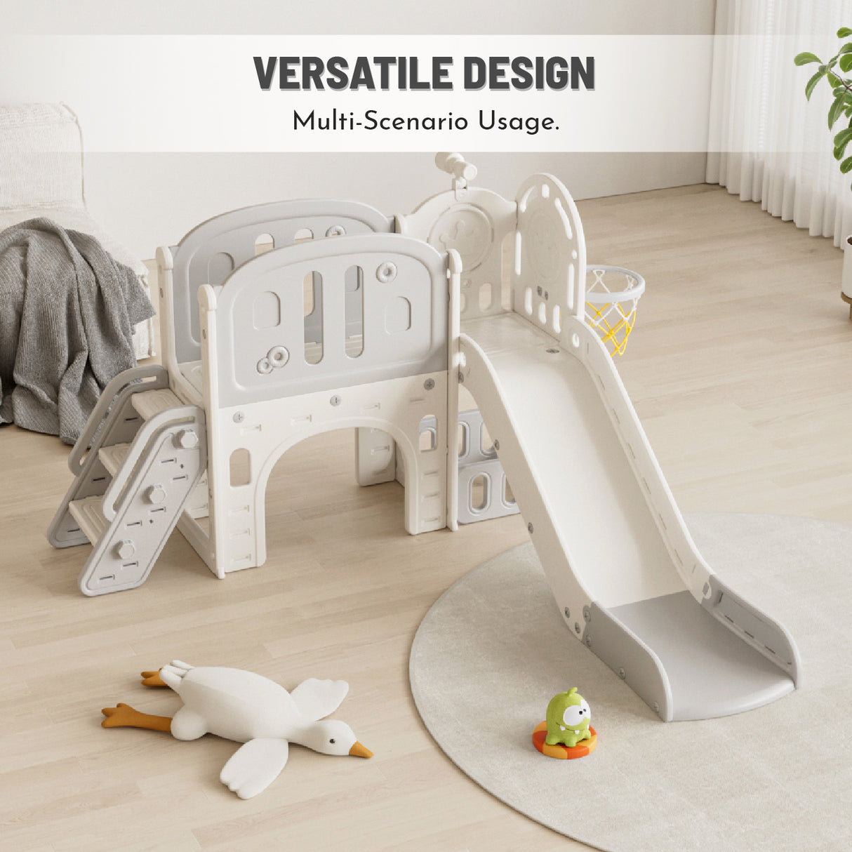 Children's play structure with slide and climbing area on a wooden floor, featuring text 'Versatile Design' and 'Multi-Scenario Usage'.