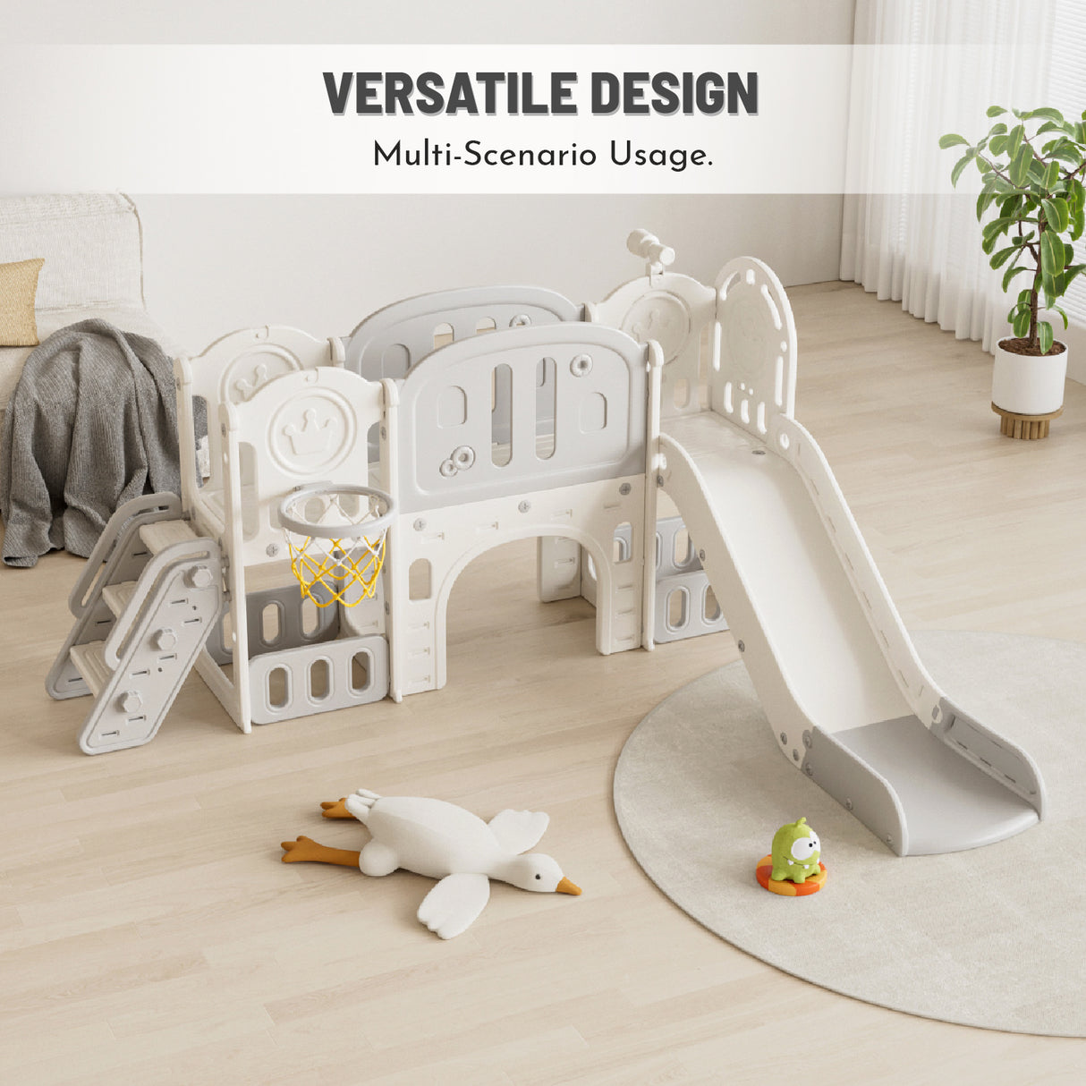 Children's play structure with slide and climbing panels on a wooden floor, featuring toys.