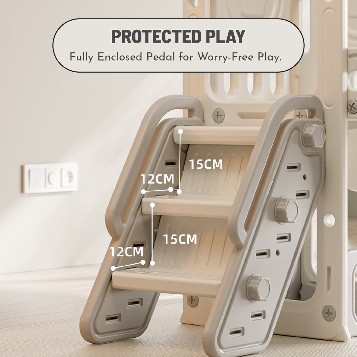 Children's play structure with measurements and text 'Protected Play' on a neutral background